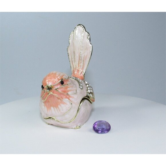 Pink/Peach Rhinestone Bird Trinket Box with Natural Purple Amethyst Gemstone New - Picture 1 of 10